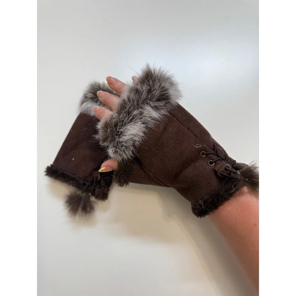 Brown Faux Suede Fingerless Gloves Faux Fur Trim Lace Up Pom Pom Hand Warmers